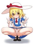  1girl apron black_shoes blonde_hair blue_dress bow bow_panties closed_mouth commentary_request commission double_v dress eyebrows_hidden_by_hair flat_chest full_body gloves hair_between_eyes hat hat_ribbon highres kana_anaberal looking_at_viewer medium_hair mei_mu panties pantyshot ribbon shoes simple_background skeb_commission solo spread_legs squatting touhou touhou_(pc-98) underwear v waist_apron white_apron white_background white_gloves white_hat white_panties yellow_eyes 