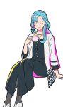  1boy black_dress black_pantyhose blue_hair cardigan closed_mouth collarbone crossdressing crossdressing_(mtf) cup dress feet_out_of_frame holding holding_cup invisible_chair jack_jeanne long_hair male_focus official_art open_cardigan open_clothes oshinari_tsukasa pantyhose shoes simple_background sitting smile solo teacup transparent_background trap white_cardigan white_shoes 