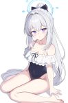  1girl absurdres bare_shoulders blue_archive blue_halo blue_one-piece_swimsuit bow casual_one-piece_swimsuit commentary covered_navel frilled_one-piece_swimsuit frills hair_bow hair_intakes halo highres light_frown long_bangs long_hair looking_at_viewer miyako_(blue_archive) miyako_(swimsuit)_(blue_archive) off-shoulder_one-piece_swimsuit off_shoulder official_alternate_costume one-piece_swimsuit ponytail purple_eyes rabbit_platoon_(blue_archive) simple_background sitting sob_(submar1089) solo swimsuit two-tone_one-piece_swimsuit wariza white_background white_hair 