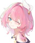 1girl absurdres bare_shoulders black_jacket blue_eyes blue_gem blue_hair blunt_bangs blush closed_mouth colored_inner_hair commentary cyrene_(honkai:_star_rail) cyrene_(philia093)_(honkai:_star_rail) diamond-shaped_pupils diamond_(shape) dress eyelashes from_side gem gold_necklace hair_between_eyes hair_ribbon highres honkai:_star_rail honkai_(series) jacket jewelry looking_at_viewer mademade03 multicolored_hair necklace one_eye_closed open_clothes open_jacket pendant pink_hair pink_pupils ribbon short_hair sidelocks simple_background sleeveless sleeveless_dress smile solo streaked_hair symbol-shaped_pupils upper_body white_background white_dress white_hair white_ribbon 