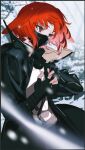 1girl arknights black_gloves black_jacket chinese_commentary commentary_request crownslayer_(arknights) fingerless_gloves floppy_ears gloves hair_ornament hairclip highres hyena_ears hyena_girl jacket juhuacha mask mouth_mask open_clothes open_jacket outdoors red_eyes red_hair shirt short_hair snow snowing solo tree unfinished upper_body white_shirt 