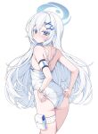  1girl adjusting_clothes adjusting_swimsuit arm_strap ass blue_archive blue_halo blue_ribbon blush colored_eyelashes commentary cowboy_shot criss-cross_back-straps detached_collar double-parted_bangs flat_chest hair_between_eyes hair_ornament halo highres long_hair long_single_sidelock looking_at_viewer metaljelly multicolored_eyes one-piece_swimsuit orca_hair_ornament pouch pout revision ribbon sayuri_(blue_archive) solo swimsuit thigh_pouch thigh_strap untranslatable_commentary watch white_background white_eyelashes white_hair white_one-piece_swimsuit wristwatch x_hair_ornament 