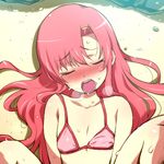  bare_shoulders beach bikini_top blush closed_eyes flat_chest hair_ornament hairclip hairu hayate_no_gotoku! implied_masturbation katsura_hinagiku long_hair lowres open_mouth out-of-frame_censoring pink_hair sand solo spread_legs sweat tongue 