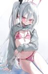  1girl absurdres alternate_costume alternate_hairstyle angry bikini blue_archive blush bow clenched_teeth clothes_lift commentary covering_stomach cowboy_shot double-parted_bangs flat_chest grey_shrug hair_between_eyes hair_bow halo highres hood hood_down kei_(blue_archive) long_hair_between_eyes looking_at_viewer loosely_tucked_bangs navel pink_bikini pink_halo rectangular_halo ringed_eyes rosu_1109 shrug_(clothing) side-tie_bikini_bottom side_ponytail simple_background sitting solo stomach string_bikini striped_bikini striped_clothes swimsuit teeth triangle_bikini_top underwear v-shaped_eyebrows white_background white_bikini 
