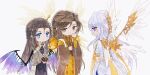  3boys arm_guards arms_at_sides bell_sleeves black_hair black_robe blue_eyes braid brown_eyes brown_hair brown_hanfu brown_robe cael_anselm cael_anselm_(deimortem_era) cape chinese_commentary closed_mouth commentary_request crossover curtained_hair deformed expressionless feathered_wings forehead_jewel gem grey_sleeves gujian_qitan_(series) hair_between_eyes half_up_braid hand_to_own_mouth hand_up highres insect_wings long_hair long_hair_between_eyes long_sleeves lovebrush_chronicles male_focus mechanical_wings multiple_boys no_mouth ouyang_shaogong parted_bangs profile purple_eyes purple_wings red_gem robe sash scarf simple_background smile standing stole swept_bangs trait_connection two-tone_hanfu v_arms very_long_hair waist_sash white_background white_cape white_hair white_robe white_wings wide_sleeves wings xue_ezi yellow_hanfu yellow_robe yellow_sash yellow_scarf yellow_wings yun_wuyue_(gujian_qitan) 