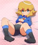  angelo_gabrini bad_id bad_pixiv_id bed bike_shorts blonde_hair blue_eyes blush feet green_eyes halo highres hun inazuma_eleven inazuma_eleven_(series) lying male_focus navel on_back orpheus_(inazuma_eleven) otoko_no_ko shorts soccer_uniform socks solo sportswear sweat 