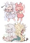  2girls 4girls :3 :d ^_^ absurdres animal_ears animalization anoko_(chiikawa) barefoot blonde_hair blue_bow blue_dress blunt_bangs blush bob_cut bow bowtie capelet chiikawa child claws closed_eyes commentary_request creature dekatsuyo_(chiikawa) dragon_tail dress flying_sweatdrops full_body furuhonya grey_dress grey_eyes grey_hair highres holding_hands horns humanization knees_up korean_commentary lizard_tail long_hair looking_at_another mnnd momonga_(chiikawa) mouse_ears mouse_girl mouse_tail multiple_girls open_mouth pink_dress pink_hair plaid_clothes plaid_dress red_dress red_eyes ribbon shirt short_hair short_sleeves short_twintails simple_background single_horn sitting smile standing tail teeth tongue tongue_out twintails white_background white_hair white_shirt 