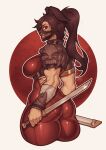  1girl absurdres animal_ears armor back bodysuit breasts brown_hair cosplay cowboy_shot cropped_legs eyes_flare highres holding holding_sword holding_weapon large_breasts mask milka01477 mouth_mask muscular muscular_female ninja original ponytail profile rabbit_ears rabbit_girl red_bodysuit reverse_grip sheath short_sword shoulder_armor soulcalibur standing sword taki_(soulcalibur) taki_(soulcalibur)_(cosplay) twisted_torso weapon white_background 