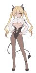  1girl black_pantyhose blonde_hair breasts chinese_commentary closed_mouth commentary_request covered_nipples cropped_jacket demon_girl demon_horns demon_tail double-parted_bangs full_body green_eyes hands_on_own_hips horns jacket long_hair original pantyhose simple_background solo sweatdrop tail twintails underboob waero white_background white_jacket 