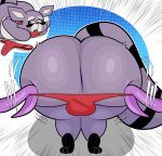 2026 anthro backsack balls big_butt black_eyes black_mouth black_nose black_tail blitzyflair blue_background butt butt_squish cel_shading clothed clothing clothing_pull colored digital_media_(artwork) feet genitals grey_body grey_inner_ear hi_res huge_butt indigo_park kerchief male mammal markings motion_lines multicolored_body neckerchief neckwear open_mouth panties panties_down partially_clothed pink_tongue procyonid purple_body purple_ears purple_tail raccoon rambley_raccoon rear_view red_clothing red_kerchief red_neckerchief red_panties red_underwear shaded simple_background soles solo squish striped_markings striped_tail stripes tail tail_markings teeth tentacles thick_thighs tongue two_tone_body underwear underwear_down white_background wide_hips