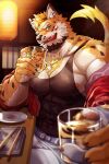 2026 2:3 abs alcohol alternate_form alternate_species anthro bar barazoku belt beverage big_muscles big_pecs black_clothing black_facial_hair black_shirt black_tank_top black_topwear blonde_hair bottomwear chain_necklace cheek_scar chest_tuft chopsticks claws clothing container cup dipstick_tail drinking_glass ear_piercing ear_ring facial_hair facial_scar felid finger_claws fur furniture glass glass_container glass_cup goatee green_eyes grey_belt grey_body grey_fur hair hi_res holding_glass holding_object jacket jaguar jewelry lamp lantern male mammal markings multicolored_body multicolored_fur muscular muscular_anthro muscular_male necklace orange_body orange_fur pantherine pants paper_lantern pecs piercing plate red_clothing red_jacket red_topwear reflection ring_piercing rom_g scar shirt slitixion spots spotted_body spotted_fur table tail tail_markings tank_top topwear tuft whiskey whiskey_glass white_body white_bottomwear white_clothing white_fur white_pants yellow_tail_tip