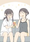 2girls :d ^_^ bare_arms bare_shoulders beer_can black-framed_eyewear blush breasts brown_background brown_hair camisole can closed_eyes collarbone collared_shirt commentary_request couch cup dress_shirt drink_can drinking_glass flying_sweatdrops glasses grey_camisole hair_bun holding holding_can holding_cup juukyuu kaho_(juukyuu) long_hair low_ponytail medium_breasts multiple_girls naked_shirt on_couch original ponytail shiho_(juukyuu) shirt short_shorts shorts siblings sisters smile solid_circle_eyes squeans two-tone_background white_background white_shirt yellow_shorts 