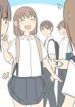  2boys 3girls :d ^_^ accidental_exposure backpack bag blue_background blush brown_hair closed_eyes closed_mouth clothes_lift collared_shirt commentary_request dress_shirt flying_sweatdrops grey_hair grey_pants grey_skirt hair_between_eyes juukyuu kanako_(juukyuu) light_frown multiple_boys multiple_girls nose_blush original pants parted_lips pleated_skirt pointing school_uniform shirt skirt skirt_lift smile solid_circle_eyes two-tone_background v-shaped_eyebrows white_background white_shirt 