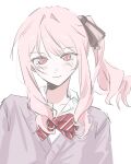  1other akiyama_mizuki black_bow blush bow bowtie cardigan closed_mouth collared_shirt commentary_request drill_hair drill_sidelocks eyelashes floating_hair hair_between_eyes hair_bow highres kamiyama_high_school_uniform_(project_sekai) kiwii_dh korean_commentary long_hair long_sleeves looking_at_viewer other_focus pink_eyes pink_hair project_sekai purple_cardigan red_bow red_bowtie school_uniform shirt side_ponytail sidelocks simple_background smile solo striped_bow striped_bowtie striped_clothes upper_body white_background white_shirt 