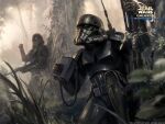  2boys armor black_armor black_helmet commentary copyright_logo copyright_name english_commentary english_text gun helmet holding holding_gun holding_weapon logo multiple_boys official_art outdoors shadow_trooper star_wars tree ukitakumuki weapon 