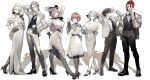  1girl 6+boys arm_up black_gloves black_necktie black_pants black_ribbon black_shoes black_vest breast_padding breasts collared_shirt crossdressing crossdressing_(mtf) dress flower gloves green_eyes grey_eyes grey_pantyhose hat high_heels holding holding_flower jack_jeanne jack_jeanne_3rd_anniversary jacket jewelry large_breasts mary_janes mini_hat mini_top_hat multiple_boys multiple_traps mutsumi_kai neck_ribbon necklace necktie neji_kokuto off-shoulder_dress off_shoulder official_art open_clothes open_jacket orimaki_suzu pants pantyhose red_eyes ribbon rose shadow shirota_mitsuki shirt shoes tachibana_kisa takashina_sarafumi three-quarter_sleeves top_hat trap vest white_dress white_flower white_hair white_jacket white_pants white_rose white_shirt yonaga_soshiro 