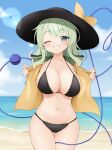  1girl absurdres beach bikini black_bikini black_hat blue_sky bow breasts cleavage collarbone commentary_request commission cowboy_shot day disembodied_linked_eye green_eyes green_hair grin hat hat_bow highres komeiji_koishi large_breasts lens_flare long_hair looking_at_viewer navel o-ring o-ring_bottom o-ring_top ocean one_eye_closed open_clothes open_shirt outdoors shirt skeb_commission sky smile solo stomach suwa_yasai swimsuit touhou yellow_background yellow_shirt 
