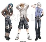  3boys arms_up black_nails black_pants black_shoes black_shorts blue_hair blue_shirt bracelet braid brown_hair brown_jacket chap_yun collared_shirt commentary company_name copyright_notice eyewear_on_head fox_tail full_body fur-trimmed_jacket fur-trimmed_pants fur_trim fushimi_gaku glasses gradient_hair grey_necktie hair_ornament hair_rings hairclip hand_on_own_hip hands_on_own_hips jacket jewelry kaelix_debonair kaisei_(nijisanji) leopard_print_jacket long_hair long_sleeves looking_at_viewer male_focus multicolored_hair multiple_boys nail_polish necklace necktie nijisanji nijisanji_en official_alternate_costume official_art one_eye_closed own_hands_together pants partially_open_jacket partially_unzipped red_eyes red_streaks ring salute sample_watermark shirt shoes shorts simple_background sleeveless sleeveless_shirt slit_pupils smile sneakers socks streaked_hair tail torn_clothes torn_pants virtual_youtuber watermark white_background white_hair white_shirt white_shoes white_socks yellow_eyes 