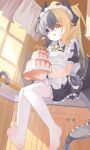  1girl :d absurdres ahoge apron black_dress black_hair blonde_hair cake chinese_commentary commentary_request crossed_bangs double-parted_bangs dragon_girl dragon_horns dragon_tail dress feet food frilled_apron frills full_body grey_eyes grey_hair hair_between_eyes heterochromia highres holding holding_food horns long_hair maid maid_headdress multicolored_hair ningmeng_jing_jing_jing_jing no_shoes open_mouth original pointy_ears short_sleeves sitting smile soles solo split-color_hair tail thighhighs toes white_apron white_thighhighs yellow_eyes 