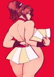  1girl animated animated_gif ass breasts broad_shoulders brown_hair cdlum closed_eyes closed_mouth commentary curvy english_commentary fatal_fury folded_fan folding_fan from_behind hand_fan high_ponytail highres holding holding_fan huge_ass large_breasts legs_together light_frown light_smile long_hair looking_at_viewer looking_back looping_animation ninja no_bra ponytail red_background red_eyes shiranui_mai sideboob simple_background solo teasing thick_thighs thighs toned toned_female wide_hips wrist_guards 