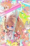  1girl a-soul ahoge animal-shaped_balloon balloon blue_eyes bow commentary_request crane_game diana_(a-soul) doll hair_bow hair_ornament heart_balloon highres jacket long_hair long_sleeves looking_at_viewer low_twintails orange_hair pout rabbit_balloon shorts solo tears twintails 