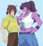  1girl 1other ? absurdres averting_eyes belt belt_buckle black_belt blue_background blue_pants blue_scrunchie blush bottle breasts brown_pants buckle collar_tug colored_sclera colored_skin commentary deltarune furry furry_female furry_with_non-furry green_shirt hand_on_own_hip hand_up harune_iruy highres holding holding_bottle interspecies kris_(deltarune) long_hair navel other_with_female pants ponytail purple_eyes purple_hair purple_skin red_eyes scrunchie sharp_teeth shirt shirt_tucked_in short_hair sleeveless sleeveless_shirt spoken_question_mark susie_(deltarune) sweat teeth twitter_username utdr_(toby_fox) white_shirt wrist_scrunchie yellow_sclera 
