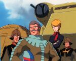  1980s_(style) 1girl 3boys army blonde_hair blue_sky cannon carrying carrying_under_arm clamp_(gundam) closed_mouth cloud cloudy_sky combat_helmet commentary_request crowley_hamon dokite_tsukasa facial_hair gallop_(gundam) game_asset gundam gundam_gihren_no_yabou helmet mecha_pilot_suit military_rank_insignia military_uniform mobile_suit_gundam multiple_boys mustache normal_suit_(gundam) official_art ramba_ral retro_artstyle science_fiction short_hair sky soldier tachi_(gundam) unworn_headwear unworn_helmet zeon 
