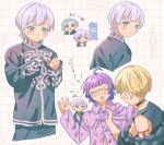  4boys :3 :d aged_down anger_vein aqua_hair black_choker black_jacket black_shirt blush blush_stickers choker clothes_grab collared_shirt commentary_request frown gakuran grabbing_another's_shirt grey_eyes highres jack_jeanne jacket jitome kumayachii long_sleeves male_focus multiple_boys multiple_views neji_kokuto open_mouth oshinari_tsukasa partially_unbuttoned pink_eyes purple_hair purple_shirt school_uniform shirota_mitsuki shirt short_hair sleeveless sleeveless_shirt sleeves_past_wrists smile takashina_sarafumi trap white_hair 