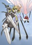  ahoge black_pants blazblue blonde_hair bodysuit braid cameltoe hair_weapon kadou lambda-11 long_hair mecha_musume pants ragna_the_bloodedge sword twin_braids visor weapon 