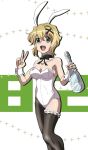  1girl :d absurdres akatsuki_kirika animal_ear_hairband animal_ears armpit_crease asymmetrical_legwear bare_arms bare_shoulders black_bow black_bowtie black_collar black_pantyhose black_thighhighs blonde_hair bottle bow bowtie breasts cleavage collar collarbone commentary_request crossed_bangs detached_collar double-parted_bangs fake_animal_ears frilled_collar frilled_wrist_cuffs frills glass_bottle green_eyes hair_between_eyes hair_ornament hair_tie hair_tuft hairband hands_up highleg highleg_leotard highres holding holding_bottle leotard low_neckline medium_breasts multiple_hair_ties nbg067149991176 open_mouth pantyhose playboy_bunny rabbit_ear_hairband rabbit_ears senki_zesshou_symphogear short_hair sidelocks single_leg_pantyhose single_thighhigh smile solo sparkle_background strapless strapless_leotard thighhighs upper_body v white_background white_leotard white_wrist_cuffs wrist_cuffs x_hair_ornament 