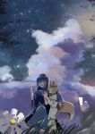  2girls absurdres animal_ears black_hair blonde_hair blue_dress blue_hat blush breasts cloud cloudy_sky coat commentary_request cumulonimbus_cloud dot_nose dress feet_out_of_frame flower fox_ears fox_girl fox_tail gasubanana grass green_ribbon hair_between_eyes hand_up hands_up hat highres iizunamaru_megumu kudamaki_tsukasa long_hair long_hair_between_eyes long_sleeves looking_at_another multiple_girls night no_lineart no_sclera open_mouth outdoors own_hands_together partial_commentary pointy_ears profile red_eyes ribbon ribbon-trimmed_dress ribbon_trim romper short_hair short_sleeves sky sleeve_garter sleeve_ribbon sleeveless sleeveless_coat small_breasts smile standing star_(sky) starry_sky surcoat tail tokin_hat touhou white_flower white_romper wide_shot yellow_eyes 