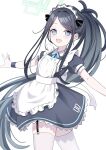  1girl :d apron aqua_halo aris_(blue_archive) aris_(maid)_(blue_archive) black_dress black_hair black_wrist_cuffs blue_archive blue_eyes blue_ribbon blush commentary cowboy_shot dress frilled_apron frills halo highres long_hair looking_at_viewer maid maid_apron maid_headdress neck_ribbon number_print official_alternate_costume open_mouth outstretched_arms papiko_(mochipapiko) parted_bangs ponytail rectangular_halo ribbon short_sleeves simple_background smile solo spread_arms standing thighhighs very_long_hair white_apron white_background white_thighhighs wrist_cuffs zettai_ryouiki 
