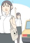  2girls bag bare_arms black-framed_eyewear blue_background blush brown_hair brown_pantyhose closed_mouth collared_shirt commentary_request dress_shirt flying_sweatdrops glasses grey_skirt hair_between_eyes hair_bun juukyuu kaho_(juukyuu) long_hair low_ponytail multiple_girls open_mouth original pantyhose ponytail shiho_(juukyuu) shirt short_sleeves siblings sisters skirt sleeveless sleeveless_shirt small_sweatdrop solid_circle_eyes standing sweat taxi two-tone_background v-shaped_eyebrows white_background white_shirt 