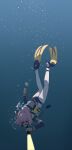  1girl absurdres ahoge air_bubble bikini blue_archive blue_bikini blue_halo bubble commentary_request cropped_rash_guard diving flippers goggles hair_bun hair_intakes halo highres kiroshi kokoro_(blue_archive) korean_commentary life_vest ocean partial_commentary pink_hair rash_guard scuba scuba_tank short_hair snorkel snorkel_in_mouth solo submerged swimming swimsuit underwater water 