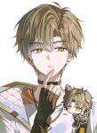  1boy animal_ears black_gloves brown_hair chain chain_necklace chibi chibi_inset collar colored_tips commentary_request crew_neck curtained_hair dog_boy dog_ears dog_tail double-parted_bangs earrings finger_to_own_chin fingerless_gloves gloves hair_between_eyes hand_up highres index_finger_raised jacket jewelry kemonomimi_mode long_sleeves looking_to_the_side male_focus mole mole_under_eye multicolored_hair multiple_necklaces necklace neo_(undays) oowwoo open_clothes open_jacket parted_lips portrait quilted_jacket shirt short_hair side_part simple_background sparkling_eyes tail undays utaite virtual_youtuber white_background white_shirt yellow_eyes 