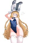  1girl :q absurdres animal_ears bare_shoulders blonde_hair blue-framed_eyewear blue_bow blue_bowtie blue_eyes blue_leotard blush bow bowtie braid breasts closed_mouth covered_navel cowboy_shot detached_collar fake_animal_ears glasses gloves groin hat heart helmet highleg highleg_leotard highres leotard long_hair looking_at_viewer noiriririri norma_hollowell one_eye_closed playboy_bunny purple_eyes rabbit_ears semi-rimless_eyewear simple_background small_breasts smile solo strapless strapless_leotard thighhighs tongue tongue_out twin_braids under-rim_eyewear v very_long_hair white_background white_gloves white_thighhighs wrist_cuffs zenless_zone_zero 