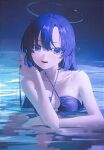  1girl absurdres bikini black_halo blue_archive blue_bikini blue_eyes blue_hair breasts cleavage commentary cross-laced_bikini cross-laced_clothes hair_between_eyes halo highres lan001 large_breasts long_hair looking_at_viewer mechanical_halo open_mouth partially_submerged playing_with_own_hair solo swimsuit teeth upper_body water yuuka_(blue_archive) 