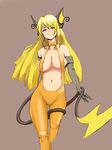  animal_ears bad_id bad_pixiv_id blonde_hair breasts brown_eyes center_opening cleavage elbow_gloves gen_1_pokemon gloves large_breasts long_hair personification pokemon raichu sketch smirk solo suspenders tail xinjing 