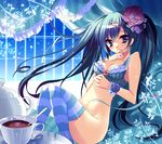  blue_eyes blue_hair bottomless bra breasts flower hair_ornament highres lingerie lyric_(hina9111) medium_breasts no_panties original solo striped striped_bra striped_legwear tea thighhighs twintails underwear 