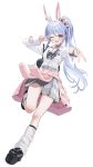  1girl :d ;d animal_ear_piercing animal_ears arale_(ara1e) bag black_bow black_bowtie black_shoes blue_hair bow bowtie breasts cardigan cardigan_around_waist clothes_around_waist collared_shirt commentary_request double_v extra_ears full_body fur_wrist_cuffs grey_skirt gyaru_v high_side_ponytail highres hololive leg_warmers long_hair looking_at_viewer miniskirt multicolored_hair official_alternate_costume one_eye_closed open_mouth pendant_choker pink_cardigan pink_scrunchie plaid_clothes plaid_skirt platform_shoes pleated_skirt rabbit-shaped_pupils rabbit_ears rabbit_girl red_eyes ribbed_leg_warmers school_bag school_uniform scrunchie shirt shirt_tucked_in shoes short_eyebrows side_ponytail sidelocks simple_background single_wrist_cuff skirt small_breasts smile solo streaked_hair symbol-shaped_pupils thick_eyebrows two-tone_hair usada_pekora usada_pekora_(12th_costume) v v_over_eye virtual_youtuber white_background white_leg_warmers white_shirt white_streaks wrist_cuffs 