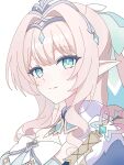  1girl 2shhr blonde_hair blue_cape blue_dress blue_eyes blue_gem bow breasts cape chest_bow circlet closed_mouth commentary dress drill_hair drill_sidelocks earrings fur-trimmed_cape fur_trim gem genshin_impact hair_between_eyes hair_bow hair_ribbon high_ponytail highres jewelry large_bow long_hair looking_at_viewer medium_breasts pendant pointy_ears ponytail ribbon sidelocks simple_background single_earring sleeveless sleeveless_dress smile solo tiara upper_body vesna_(genshin_impact) white_background white_bow white_ribbon 