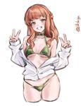  1girl absurdres alternate_costume bikini braid breasts brown_hair choker commentary_request cowboy_shot cropped_legs de_ruyter_(kancolle) double_v green_bikini green_choker green_eyes grin half_up_braid highres jacket kantai_collection lilshigu lowleg lowleg_bikini one-hour_drawing_challenge simple_background small_breasts smile solo standing swimsuit thigh_gap twitter_username v white_background white_jacket 