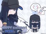  1girl atsuko's_grin_(meme) baseball_cap birthday black_hair black_mask black_shirt blue_archive blue_eyes blue_hair blue_halo breasts chibi colored_inner_hair commentary_request gameplay_mechanics halo happy_birthday hat large_breasts long_hair mask meme midriff mouth_mask multicolored_hair navel no_mask sanmon_illus saori_(blue_archive) shirt sleeveless sleeveless_shirt smile very_long_hair 