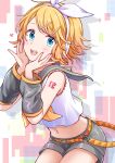  1girl belt blonde_hair blue_eyes bow commentary_request cowboy_shot detached_sleeves grey_sailor_collar grey_shorts grey_sleeves hair_bow hair_ornament hairclip hands_on_own_cheeks hands_on_own_face headphones highres kagamine_rin looking_at_viewer midriff momomochi navel neckerchief number_tattoo open_mouth parallel_hairclips sailor_collar shirt short_hair shorts sleeveless sleeveless_shirt solo tattoo teeth twitter_username upper_teeth_only vocaloid white_bow white_shirt yellow_belt yellow_neckerchief yellow_trim 