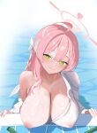  1girl absurdres ahoge blue_archive bow braid breasts bright_pupils closed_mouth commentary_request dress_shirt green_eyes hair_bow halo hanako_(blue_archive) hanako_(swimsuit)_(blue_archive) highres hose large_breasts long_hair looking_at_viewer nipples one_breast_out partially_submerged pink_hair pink_halo poolside see-through_clothes see-through_shirt shirt shirt_partially_removed side_braid smile solo tilted_halo user_gesv5223 water wet wet_clothes wet_shirt white_bow white_pupils white_shirt 