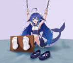  1girl absurdres ahoge animal_ears armpits arms_up bdsm blue_eyes blue_hair bondage bound breasts chain chushou_tuanzi commentary_request deepseek deepseek-tan feet fins fish_tail head_fins highres long_hair maid maid_headdress open_mouth restrained shark_girl shark_tail shoes sitting socks soles solo tail tickling tickling_feet toes unworn_shoes very_long_hair virtual_youtuber 