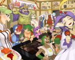  6+boys 6+girls :3 absurdres akumesik animal animal_ears arm_behind_head arm_tattoo arm_up armor baal_(grandia) baggy_pants bandana black_shirt blonde_hair blue_bandana blue_eyes blue_hair blue_hat blue_jacket blue_jumpsuit blue_pants blush breastplate brown_hair brown_shirt capelet cardboard_cutout chang_(grandia) character_doll choker closed_eyes coaster coat commentary_request covering_own_mouth crop_top cup curtained_hair dark-skinned_female dark-skinned_male dark_skin doll dr._alma_(grandia) dress drinking_straw earrings eyepatch facial_mark fake_horns fang feena_(grandia) food forehead_protector full-face_blush furry furry_female furry_male gadwin_(grandia) gina_(grandia) goggles goggles_on_head grandia grandia_i green_eyes green_hair green_hat grey_hair guido_(grandia) hair_ornament hair_tubes hat hat_feather highres holding holding_cup holding_plate hood hood_up hooded_shirt horns jacket jewelry jumpsuit justin_(grandia) laughing layered_sleeves leen_(grandia) liete_(grandia) lily_(grandia) long_bangs long_hair long_sleeves looking_at_another medium_hair milda_(grandia) mio_(grandia) mittens mullen_(grandia) multiple_boys multiple_girls nana_(grandia) neckerchief necklace omelet omurice one_eye_closed orange_hair orange_neckerchief orange_shirt pakon_(grandia) pants party pink_capelet pink_dress pink_hair plate pointy_ears polearm purple_armor purple_dress purple_hair purple_hat purple_scarf purple_shirt puui_(grandia) rabbit_ears rapp_(grandia) red_jacket red_pants red_shirt red_trim rem_(grandia) saki_(grandia) scarf shirt short_jumpsuit short_over_long_sleeves short_sleeves shoulder_armor side_cape single_horn sleeveless sleeveless_coat small_sweatdrop smug sphere_earrings spiked_hair stud_earrings sue_(grandia) sweater tattoo trident tunic weapon whisker_markings white_coat white_mittens white_shirt white_sleeves white_tunic wide_sleeves wristband yellow_sweater 