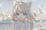  1girl animal_ear_fluff animal_ears bird blonde_hair blunt_bangs blurry blurry_background cat_ears cat_girl crepe day dove food hairband holding holding_food kumiki_hp long_hair original outdoors purple_eyes solo upper_body white_hairband 