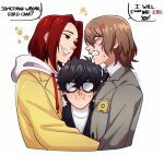  3boys akechi_goro amamiya_ren anger_vein angry artist_name black_hair boy_sandwich brown_hair censored_profanity clenched_teeth closed_mouth commentary english_commentary english_text glasses grin highres jealous kamishiro_nagisa looking_at_another male_focus multiple_boys nikkikaji persona persona_5 persona_5:_the_phantom_x red_hair sandwiched school_uniform short_hair shuujin_academy_school_uniform smile smug speech_bubble teeth yaoi 