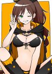  1girl bikini breasts brown_hair cape commentary green_eyes hair_ribbon highres large_breasts long_hair looking_at_viewer ponytail premium_(prmsub) re:zero_kara_hajimeru_isekai_seikatsu ribbon shaula_(re:zero) shorts smile solo swimsuit 